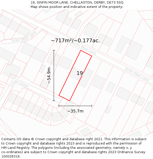 19, SINFIN MOOR LANE, CHELLASTON, DERBY, DE73 5SQ: Plot and title map