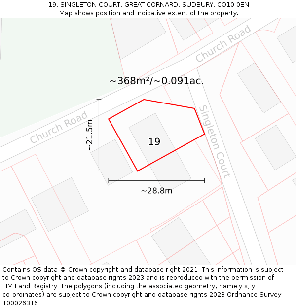 19, SINGLETON COURT, GREAT CORNARD, SUDBURY, CO10 0EN: Plot and title map