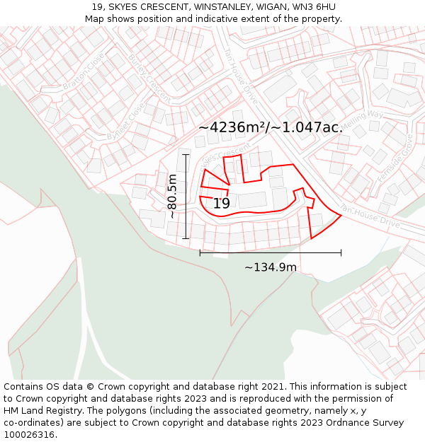 19, SKYES CRESCENT, WINSTANLEY, WIGAN, WN3 6HU: Plot and title map