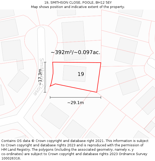 19, SMITHSON CLOSE, POOLE, BH12 5EY: Plot and title map