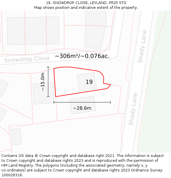 19, SNOWDROP CLOSE, LEYLAND, PR25 5TG: Plot and title map