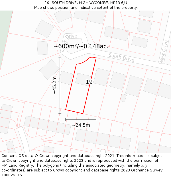 19, SOUTH DRIVE, HIGH WYCOMBE, HP13 6JU: Plot and title map