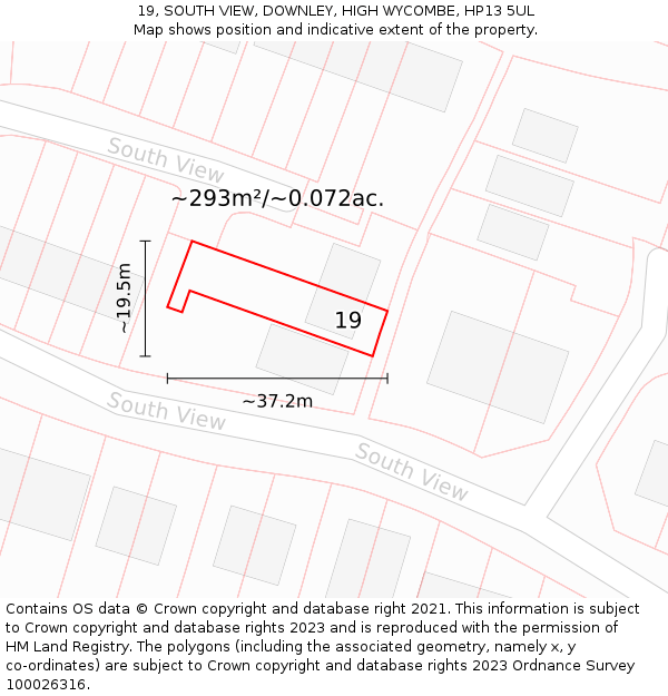 19, SOUTH VIEW, DOWNLEY, HIGH WYCOMBE, HP13 5UL: Plot and title map