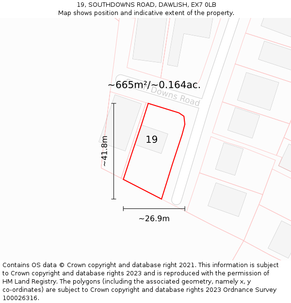 19, SOUTHDOWNS ROAD, DAWLISH, EX7 0LB: Plot and title map