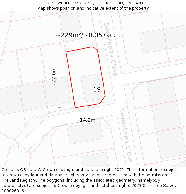 19, SOWERBERRY CLOSE, CHELMSFORD, CM1 4YB: Plot and title map