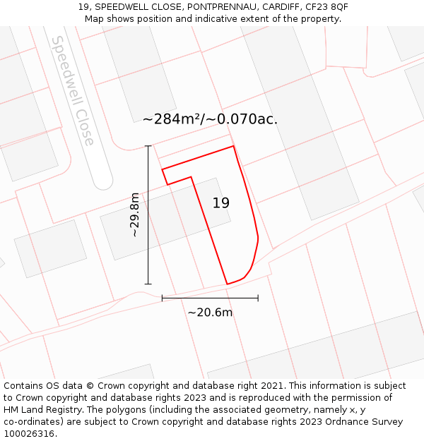 19, SPEEDWELL CLOSE, PONTPRENNAU, CARDIFF, CF23 8QF: Plot and title map