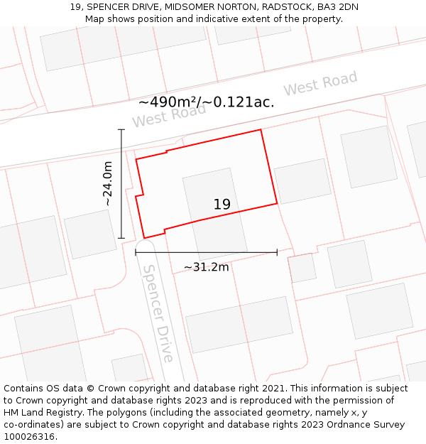 19, SPENCER DRIVE, MIDSOMER NORTON, RADSTOCK, BA3 2DN: Plot and title map