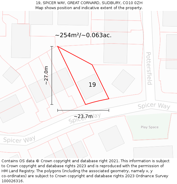 19, SPICER WAY, GREAT CORNARD, SUDBURY, CO10 0ZH: Plot and title map