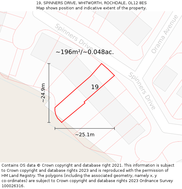 19, SPINNERS DRIVE, WHITWORTH, ROCHDALE, OL12 8ES: Plot and title map