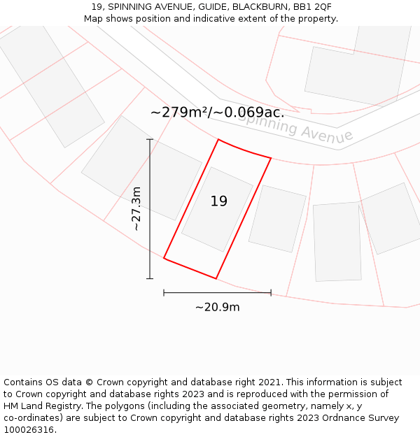 19, SPINNING AVENUE, GUIDE, BLACKBURN, BB1 2QF: Plot and title map