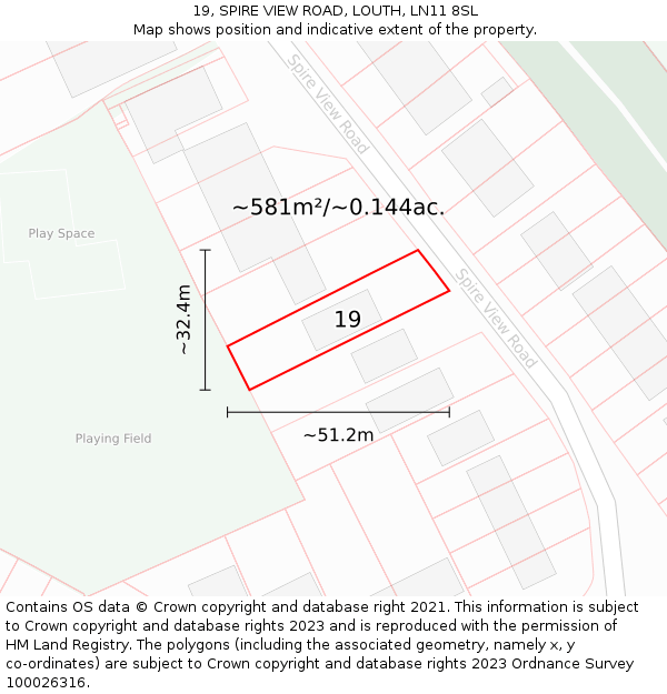 19, SPIRE VIEW ROAD, LOUTH, LN11 8SL: Plot and title map