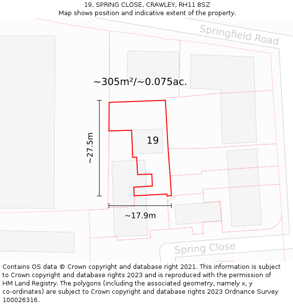 19, SPRING CLOSE, CRAWLEY, RH11 8SZ: Plot and title map