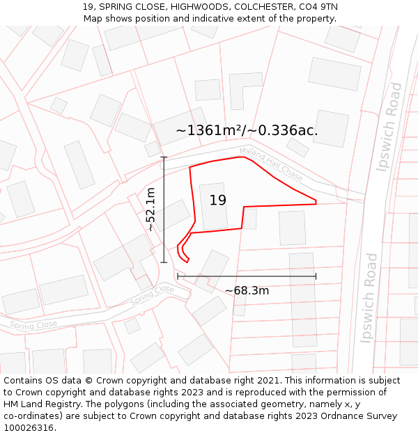 19, SPRING CLOSE, HIGHWOODS, COLCHESTER, CO4 9TN: Plot and title map