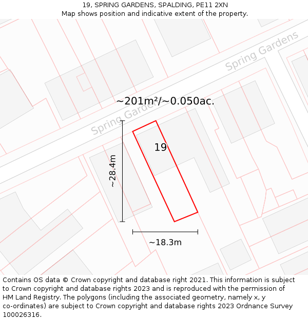 19, SPRING GARDENS, SPALDING, PE11 2XN: Plot and title map
