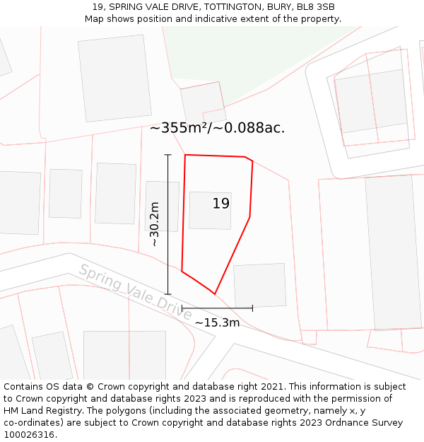 19, SPRING VALE DRIVE, TOTTINGTON, BURY, BL8 3SB: Plot and title map