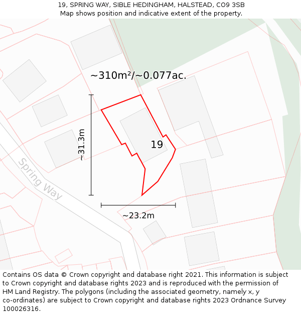 19, SPRING WAY, SIBLE HEDINGHAM, HALSTEAD, CO9 3SB: Plot and title map
