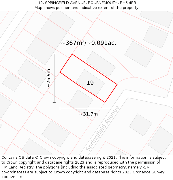 19, SPRINGFIELD AVENUE, BOURNEMOUTH, BH6 4EB: Plot and title map