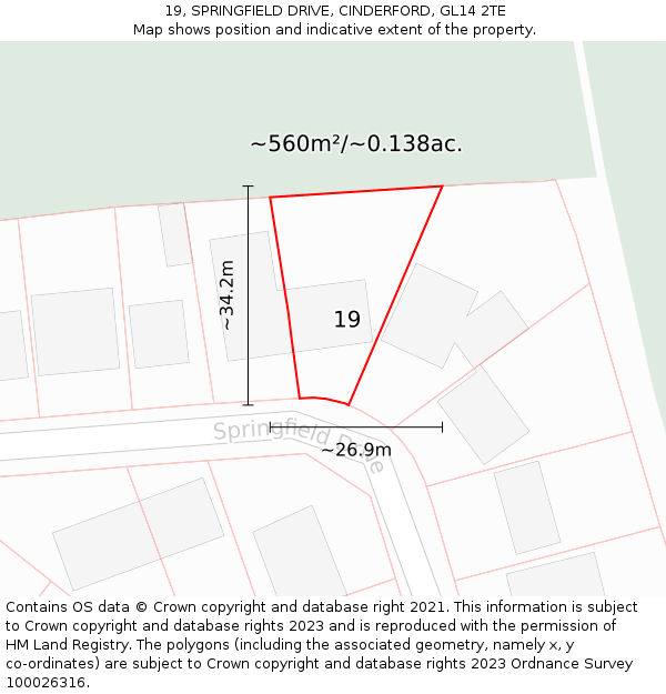 19, SPRINGFIELD DRIVE, CINDERFORD, GL14 2TE: Plot and title map