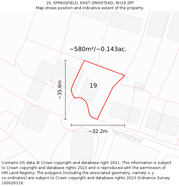 19, SPRINGFIELD, EAST GRINSTEAD, RH19 2RT: Plot and title map