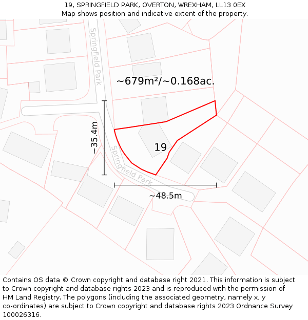 19, SPRINGFIELD PARK, OVERTON, WREXHAM, LL13 0EX: Plot and title map