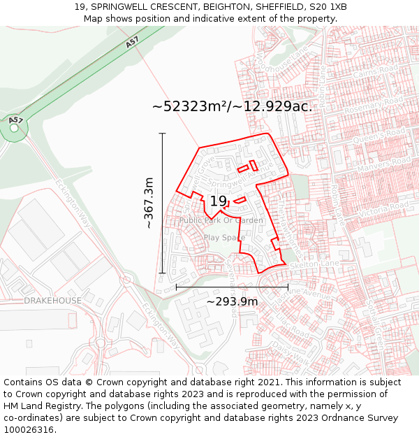 19, SPRINGWELL CRESCENT, BEIGHTON, SHEFFIELD, S20 1XB: Plot and title map