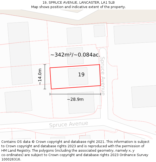 19, SPRUCE AVENUE, LANCASTER, LA1 5LB: Plot and title map