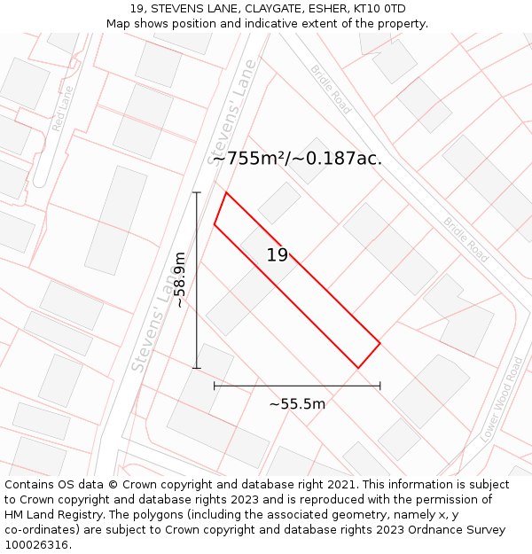 19, STEVENS LANE, CLAYGATE, ESHER, KT10 0TD: Plot and title map