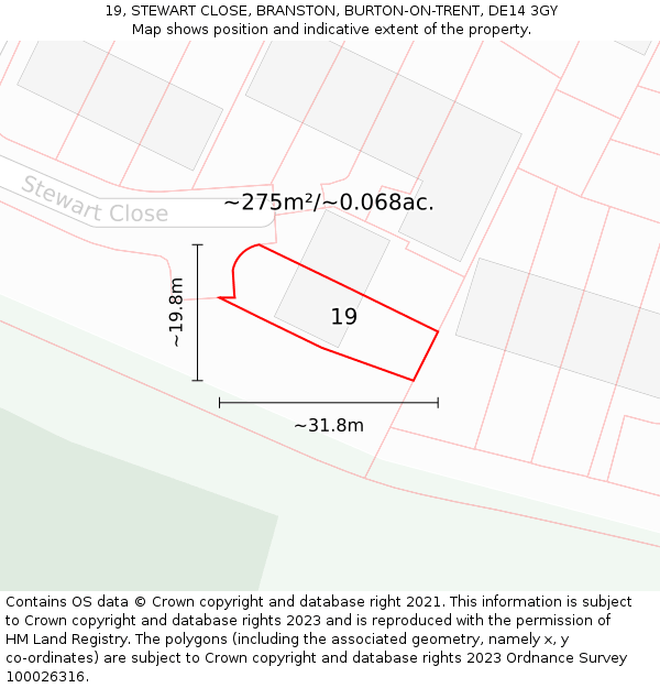 19, STEWART CLOSE, BRANSTON, BURTON-ON-TRENT, DE14 3GY: Plot and title map