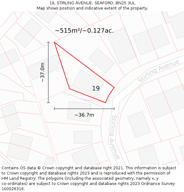 19, STIRLING AVENUE, SEAFORD, BN25 3UL: Plot and title map