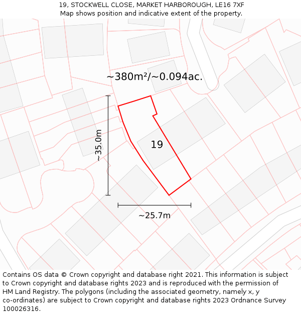 19, STOCKWELL CLOSE, MARKET HARBOROUGH, LE16 7XF: Plot and title map