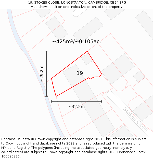 19, STOKES CLOSE, LONGSTANTON, CAMBRIDGE, CB24 3FG: Plot and title map