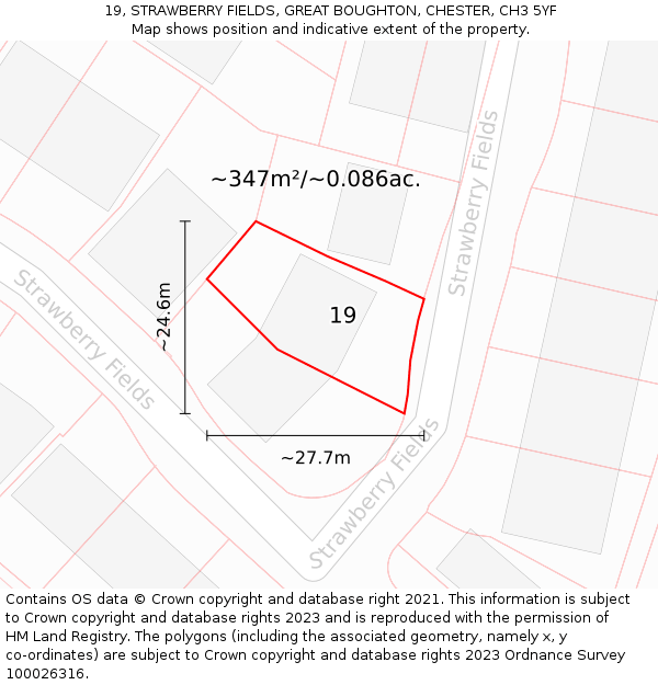 19, STRAWBERRY FIELDS, GREAT BOUGHTON, CHESTER, CH3 5YF: Plot and title map