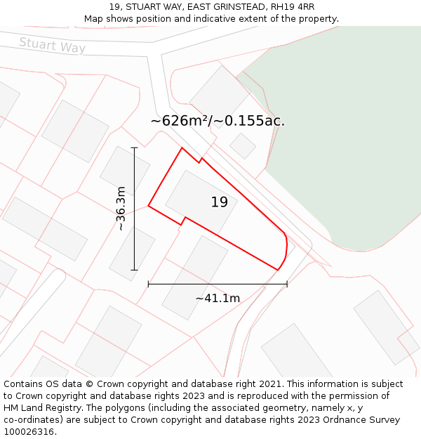 19, STUART WAY, EAST GRINSTEAD, RH19 4RR: Plot and title map