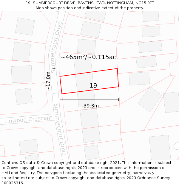 19, SUMMERCOURT DRIVE, RAVENSHEAD, NOTTINGHAM, NG15 9FT: Plot and title map