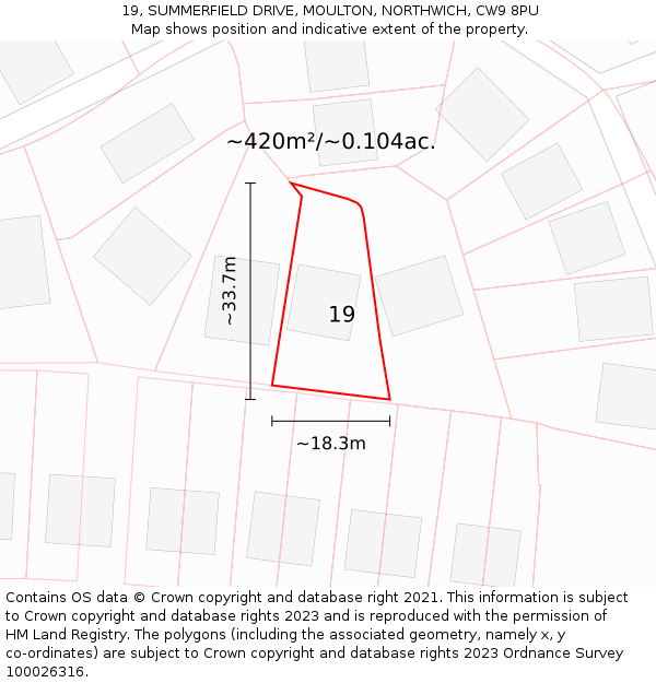 19, SUMMERFIELD DRIVE, MOULTON, NORTHWICH, CW9 8PU: Plot and title map
