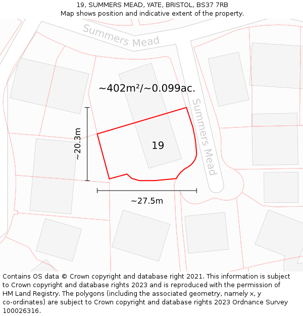 19, SUMMERS MEAD, YATE, BRISTOL, BS37 7RB: Plot and title map