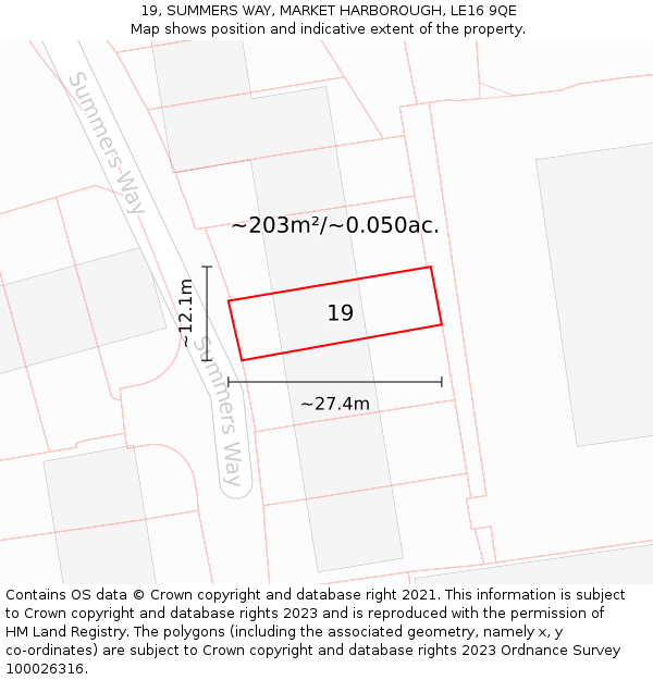 19, SUMMERS WAY, MARKET HARBOROUGH, LE16 9QE: Plot and title map