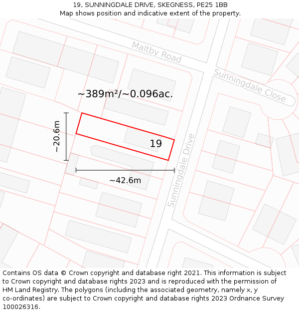 19, SUNNINGDALE DRIVE, SKEGNESS, PE25 1BB: Plot and title map