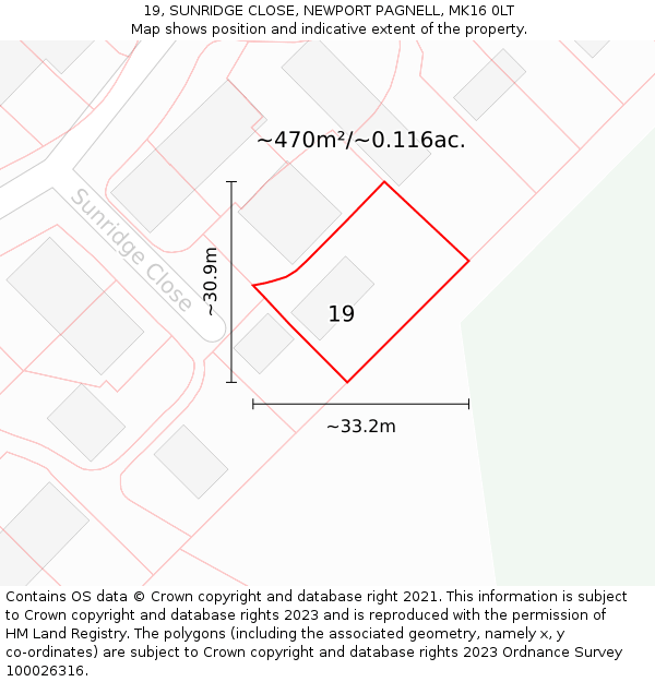 19, SUNRIDGE CLOSE, NEWPORT PAGNELL, MK16 0LT: Plot and title map