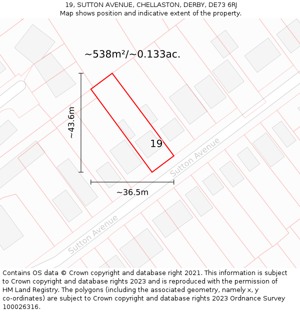 19, SUTTON AVENUE, CHELLASTON, DERBY, DE73 6RJ: Plot and title map