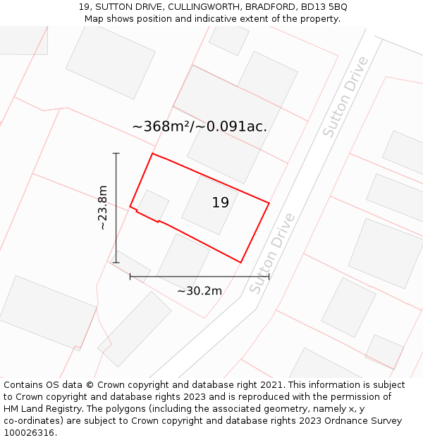 19, SUTTON DRIVE, CULLINGWORTH, BRADFORD, BD13 5BQ: Plot and title map