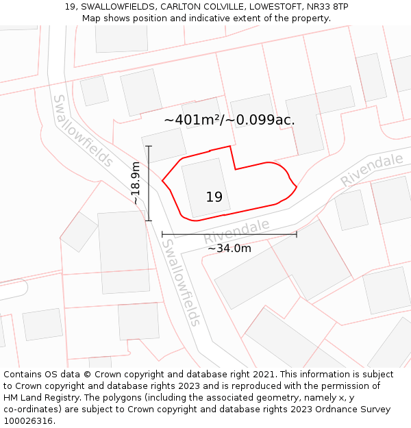 19, SWALLOWFIELDS, CARLTON COLVILLE, LOWESTOFT, NR33 8TP: Plot and title map