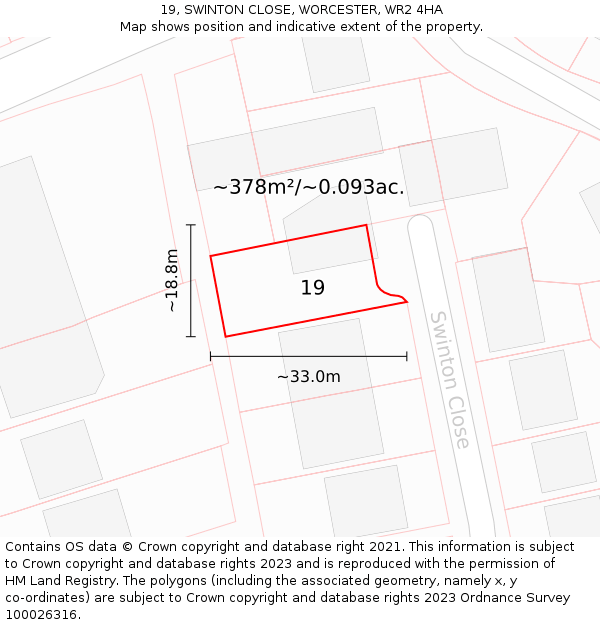 19, SWINTON CLOSE, WORCESTER, WR2 4HA: Plot and title map