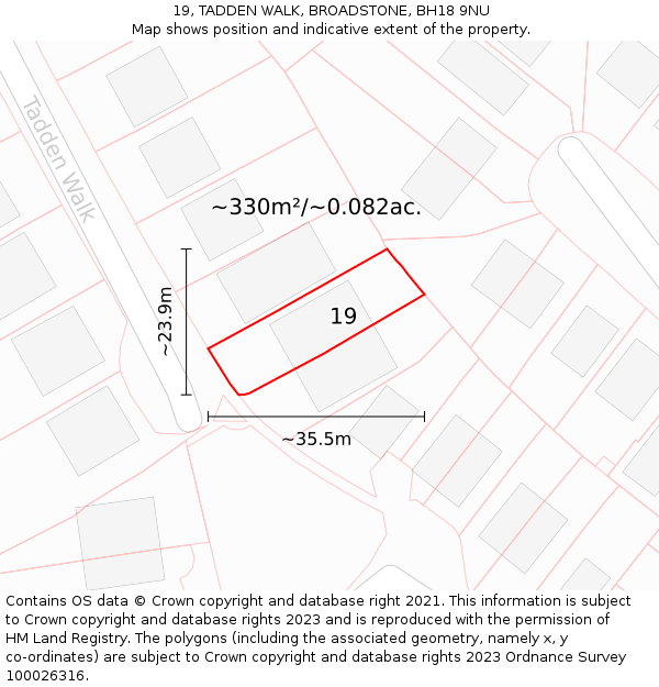 19, TADDEN WALK, BROADSTONE, BH18 9NU: Plot and title map