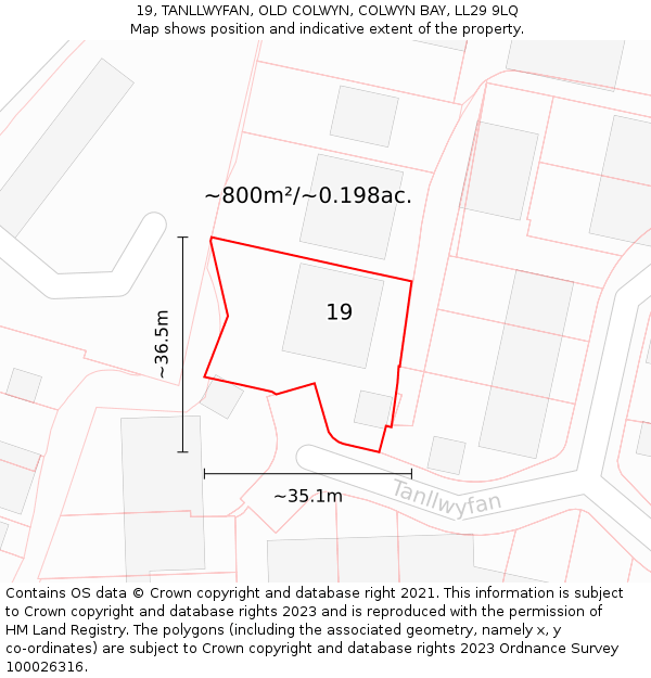 19, TANLLWYFAN, OLD COLWYN, COLWYN BAY, LL29 9LQ: Plot and title map