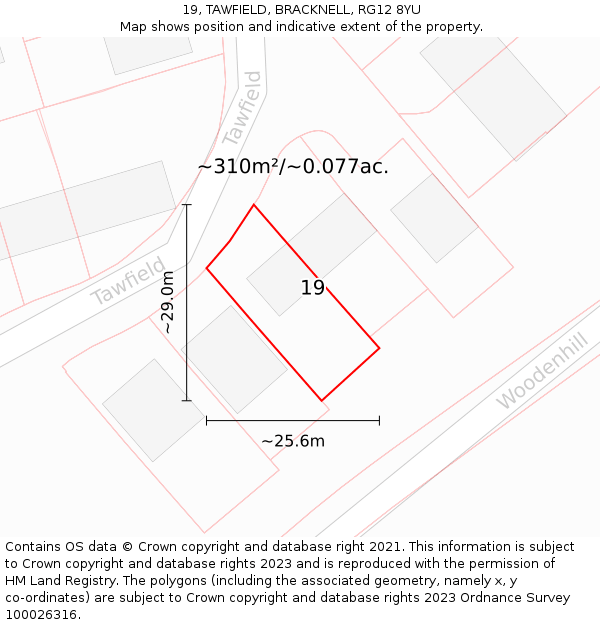 19, TAWFIELD, BRACKNELL, RG12 8YU: Plot and title map