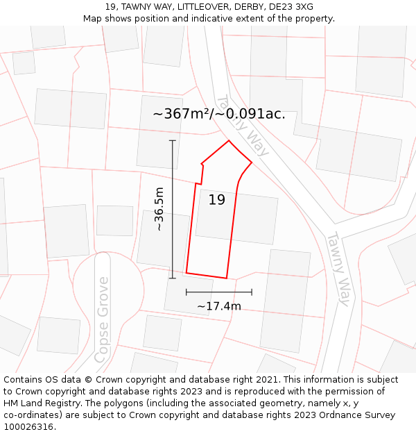 19, TAWNY WAY, LITTLEOVER, DERBY, DE23 3XG: Plot and title map