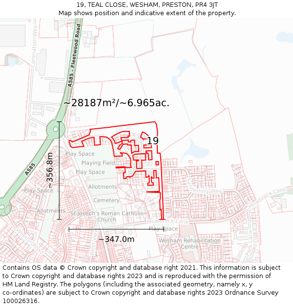 19, TEAL CLOSE, WESHAM, PRESTON, PR4 3JT: Plot and title map