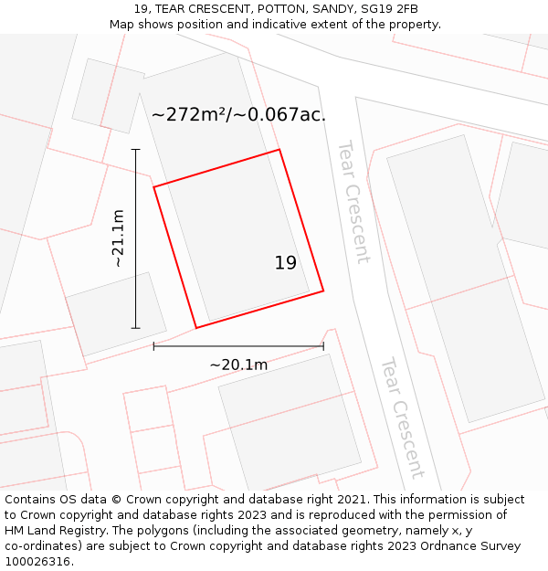 19, TEAR CRESCENT, POTTON, SANDY, SG19 2FB: Plot and title map