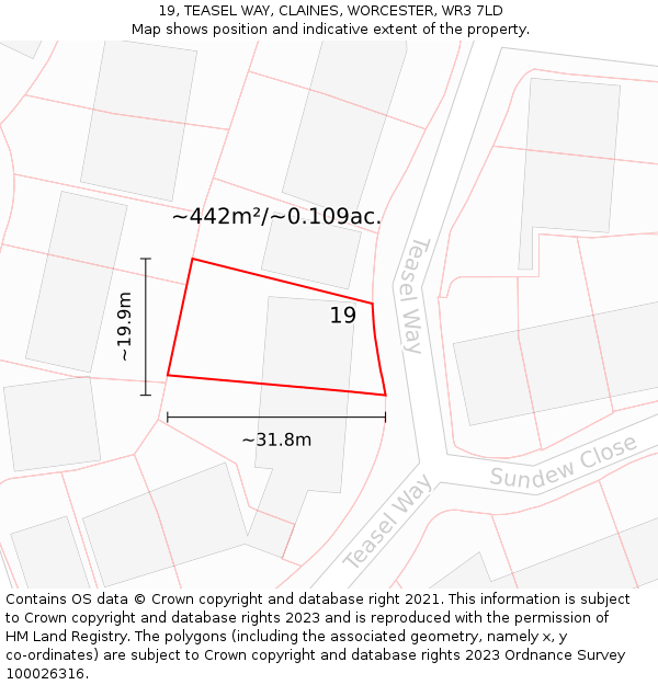 19, TEASEL WAY, CLAINES, WORCESTER, WR3 7LD: Plot and title map